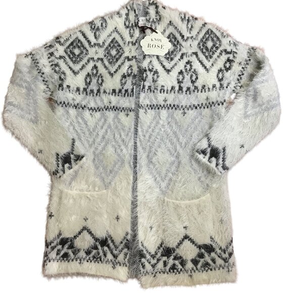 KNOX ROSE Fuzzy Aztec Cardigan Sweater S Gray White Soft Boho Nordic Cozy Knit - Picture 1 of 8